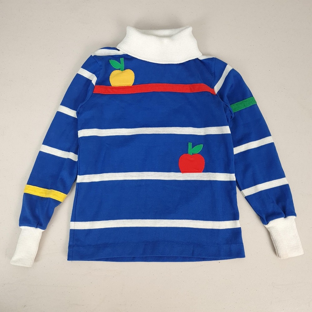 Vintage 70s 80s Sweater Girls 6X Blue Stripe Apple Turtleneck School Colorful